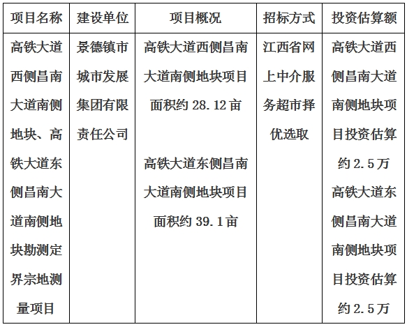 景德鎮(zhèn)市高鐵大道西側(cè)昌南大道南側(cè)地塊、高鐵大道東側(cè)昌南大道南側(cè)地塊勘測(cè)定界宗地測(cè)量項(xiàng)目計(jì)劃公告