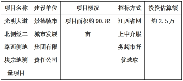 景德鎮(zhèn)市光明大道北側(cè)經(jīng)二路西側(cè)地塊宗地測量項(xiàng)目計(jì)劃公告
