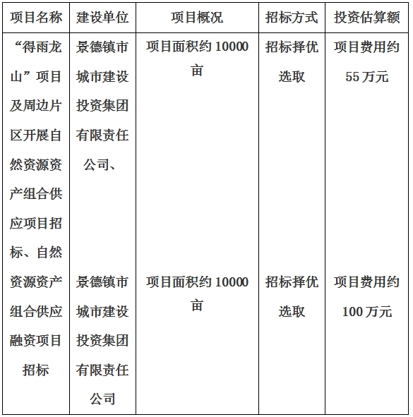 景德鎮(zhèn)市“得雨龍山”項目及周邊片區(qū)開展自然資源資產(chǎn)組合供應(yīng)項目、自然資源資產(chǎn)組合供應(yīng)融資項目招標(biāo)計劃公告